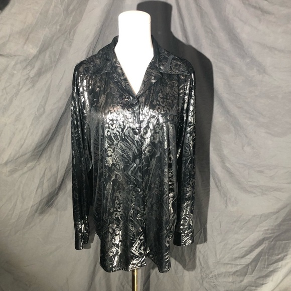 carry back Tops - Vintage 90’s Shiny Black Metallic Button-Up Blouse size Medium